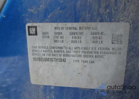 2016 Chevrolet Cruze Lt Auto from USA, damaged, VIN 1G1BE5SM7G7313242